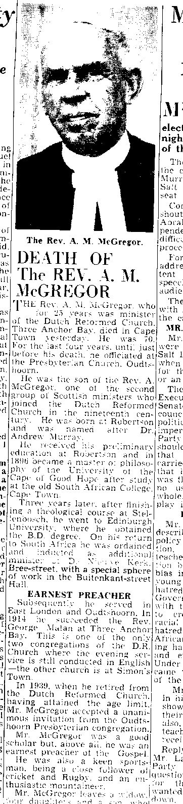 Report of the death of Rev Andrew McGregor (Jnr) in the Cape Times, 21 September 1943